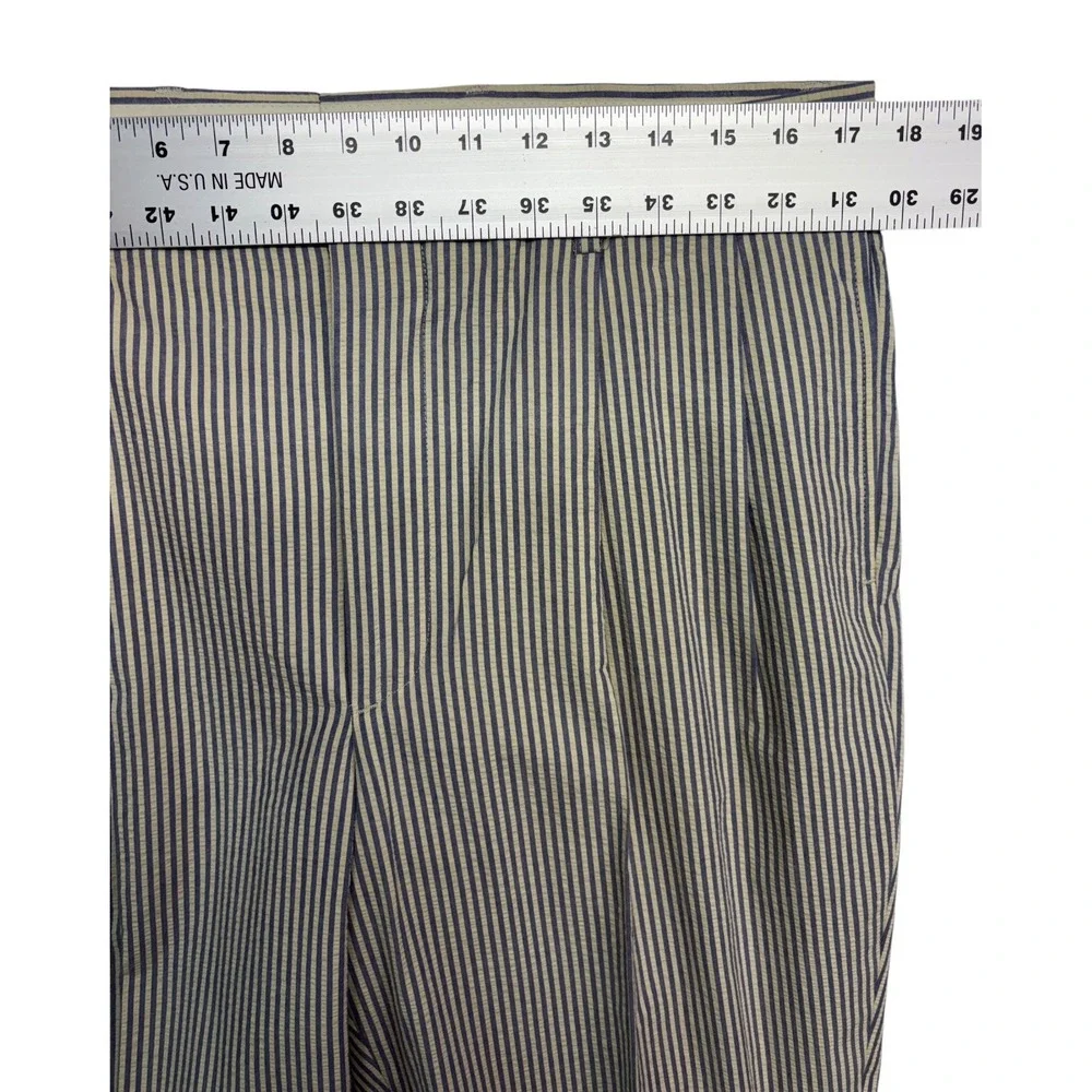 Nautica 40L 34x34 Blue White Stripe Seersucker 2pc Pant Suit Cotton Pleated Cuff